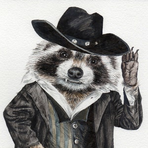 Raccoon Bandit , western raccoon whimsical animal painting signed print by Holly Simental