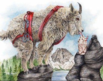 Mountain Goat Mocha , coffee animal rock climb watercolor painting signed print by Holly Simental