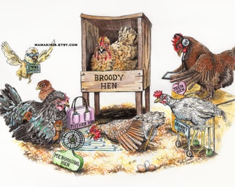 Life in the Coop , funny whimsical chicken watercolor poster by Holly Simental