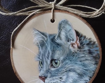 Custom Pet Portrait Ornament, Hand Painted Maple Wood, Pet Memorial