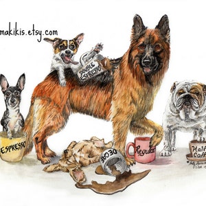 Coffee Shop Dogs , funny coffee dog whimsical watercolor painting signed print by Holly Simental
