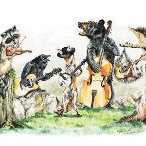 Bluegrass Gang , whimsical band musical wildlife watercolor painting signed print by Holly Simental