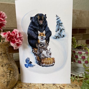 The Big Hill sledding wildlife large Christmas fine art card personalized or blank