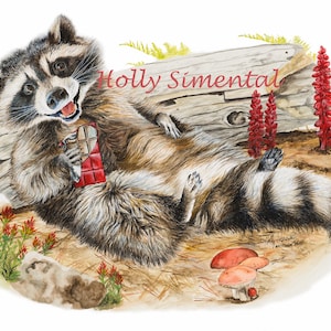 Chocolate Bandit raccoon whimsical animal watercolor painting signed print by Holly Simental