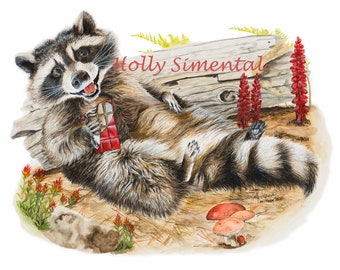 Chocolate Bandit raccoon whimsical animal watercolor poster by Holly Simental