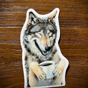 Wolf Kaffee Aufkleber Vinyl Outdoor Indoor Stoßstange Fenster Wasserflasche 3 Zoll Kaffee im Mondlicht
