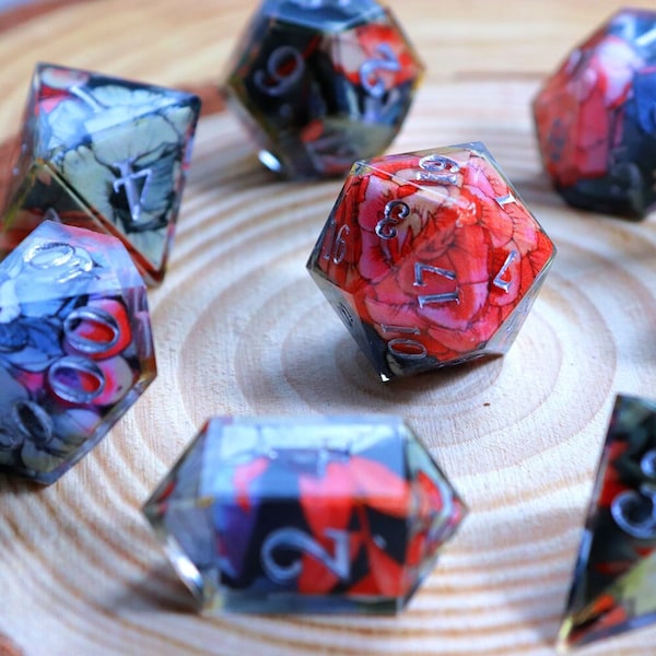 Gothic Garden. 7 Piece Polyhedral Handmade Dice Set. Washi tape. Dungeons and Dragons, DnD, D&D, TTRPG, Pen n Paper, Roleplay.