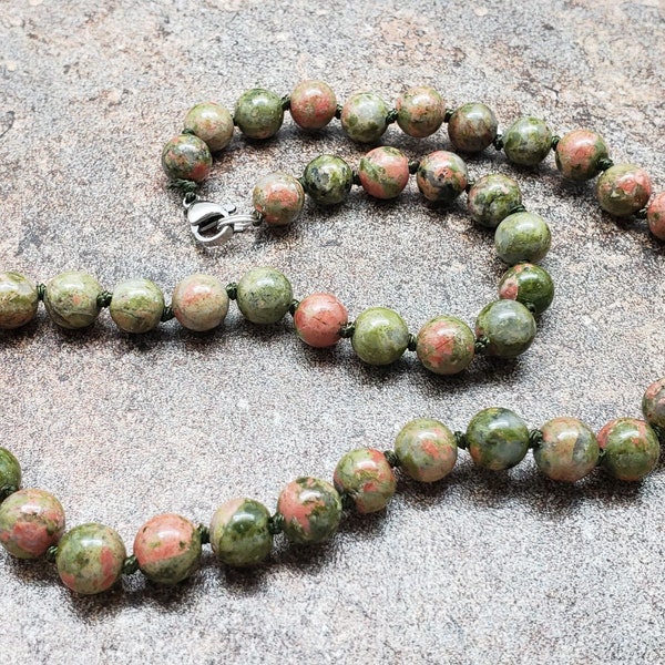 Unakite Hand Knotted Necklace with Lobster Claw Clasp