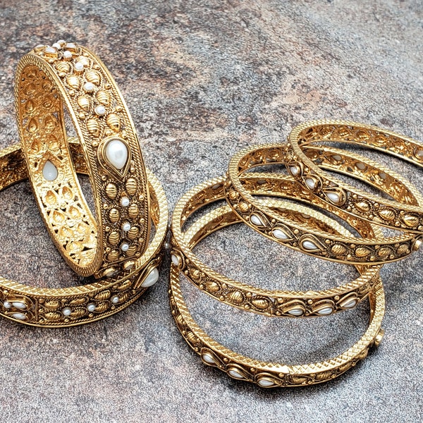 Set of 6 Bangles, Gold Finish Bangles with Pearl Adornments, Size 2.4, Size 2.6, or Size 2.8