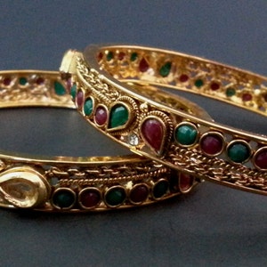 Pair of Bangles, Gold Finish Kada with faux ruby and emerald stones
