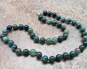 Moss Agate Hand Knotted Necklace with Lobster Claw Clasp