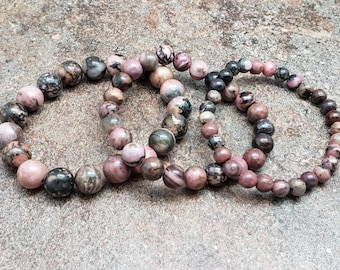 Black Vein Rhodonite Gemstone Bracelet, 7 inch