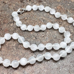 Selenite Hand Knotted Necklace with Lobster Claw Clasp