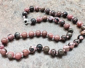Black Vein Rhodonite Hand Knotted Necklace with Lobster Claw Clasp