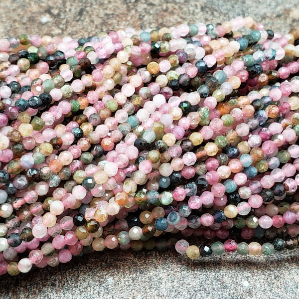 2mm or 3.67mm Watermelon Tourmaline Faceted Round Beads, 15 inch