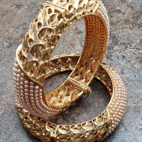 Pair of Bangles, Gold Finish Kada with Pearls, Size 2-6 or 2-8