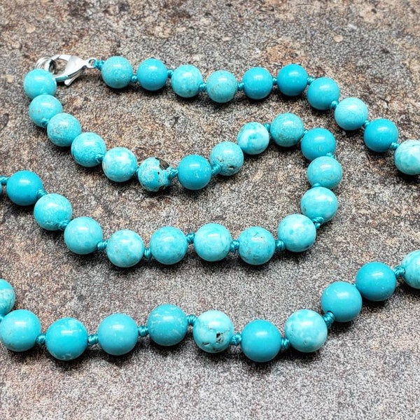 Turquoise Howlite Hand Knotted Necklace with Lobster Claw Clasp