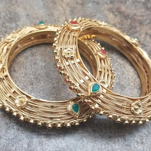 Pair of Bangles, Gold Finish Filigree Kada w/ Faux Emerald, Ruby Stones, Size 2/8