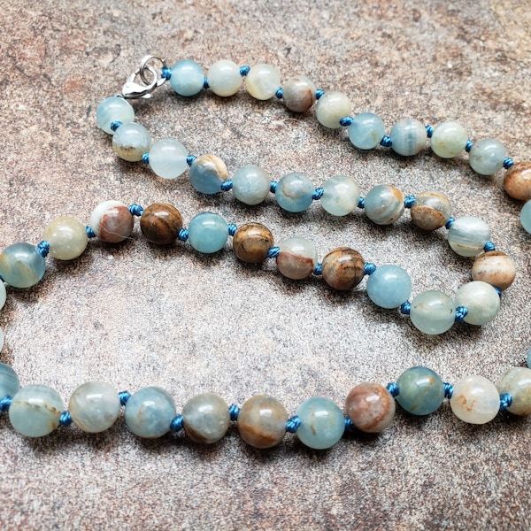 Blue Calcite Hand Knotted Necklace with Lobster Claw Clasp