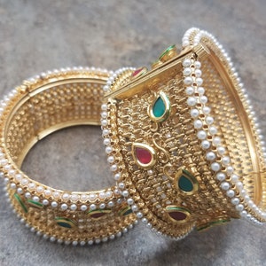 Pair of Bangles, White Pearl & Faux Ruby,Emerald Tear Drop Kada, Size 2.8