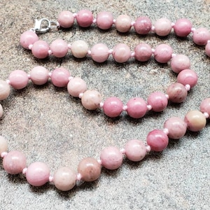 Pink Rhodonite Hand Knotted Necklace with Lobster Claw Clasp