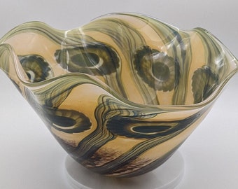 Signed, Eickholt hand blown, art glass bowl with sea anemone murrine. 12"x9" large