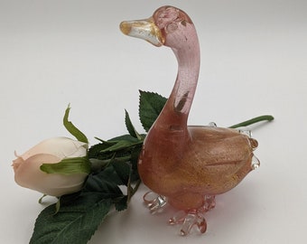 Murano art glass, hand blown pink goose with 24K gold.