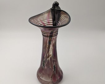 Herbert A Thomas mouth-blown, art glass vase with millefiori, threaded glass and applied rim/accen. 7.75" tall