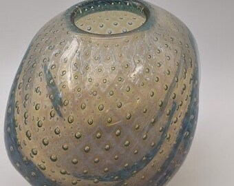 Eickholt art glass bullicante American studio art glass vase with opalescence. 6"x6.75" Signed and dated.