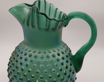 Fenton Cape Cod Carnival Green/Teal Hobnail Glass Pitcher 10", lightly iridescent