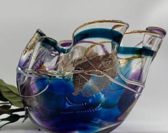 Signed, hand blown, art glass, freeform bowl by Scott & Laura Curry. 6.5"