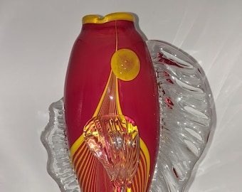 Large, signed 13" art glass mouth-blown fish vase by Jacob of Hawaii