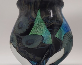 Signed Eickholt 5.25" art glass vase with dichroic glass and murrine. Black, blue, grey, green.