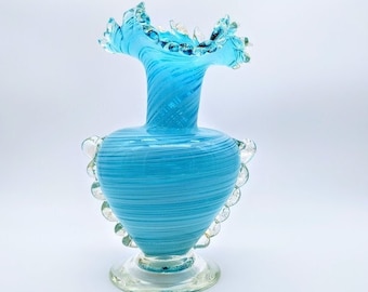 Vintage Murano Venetian Swirl Agate Glass vase in blue art glass with pulverized gold, Mid Century Modern, with label.