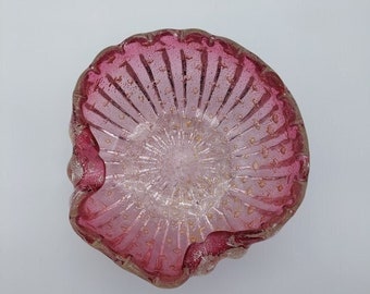 Murano, hand blown, art glass, 5.5" bowl, dish, ashtray. Shell shaped with silver fleck and bullicante.