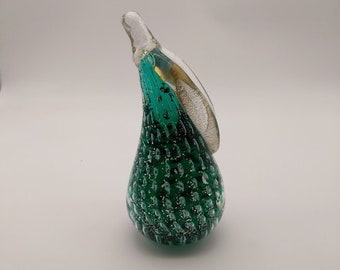 Probably Murano 5.5" blown glass, evergreen pear. Bullicante with gold and silver foil. Rare!