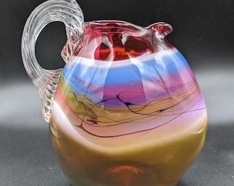 Mouth-blown, signed, dated, 7-1/2" American studio art glass pitcher by D'Luna Studio