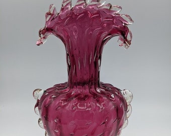 9.5" Murano cranberry art glass vase with bullicante and applied trim with 24K gold leaf encased, possibly by Barovier & Toso.