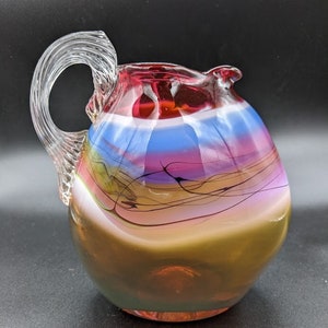 Mouth-blown, signed, dated, 7-1/2&quot; American studio art glass pitcher by D&#39;Luna Studio