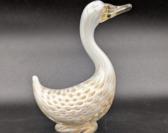 Vintage Murano Alfredo Barbini white and gold bullicante 5" glass duck, MCM.