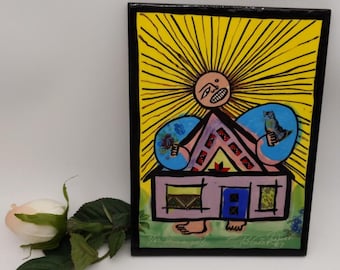 Limited edition of 30. Vintage, handmade, glazed ceramic tile art by Pat Custer Dennison, signed and dated.  6&quot;x8&quot; &quot;House wife&quot; #7