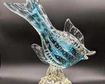 Large, Murano bullicante art glass fish in sea blue.