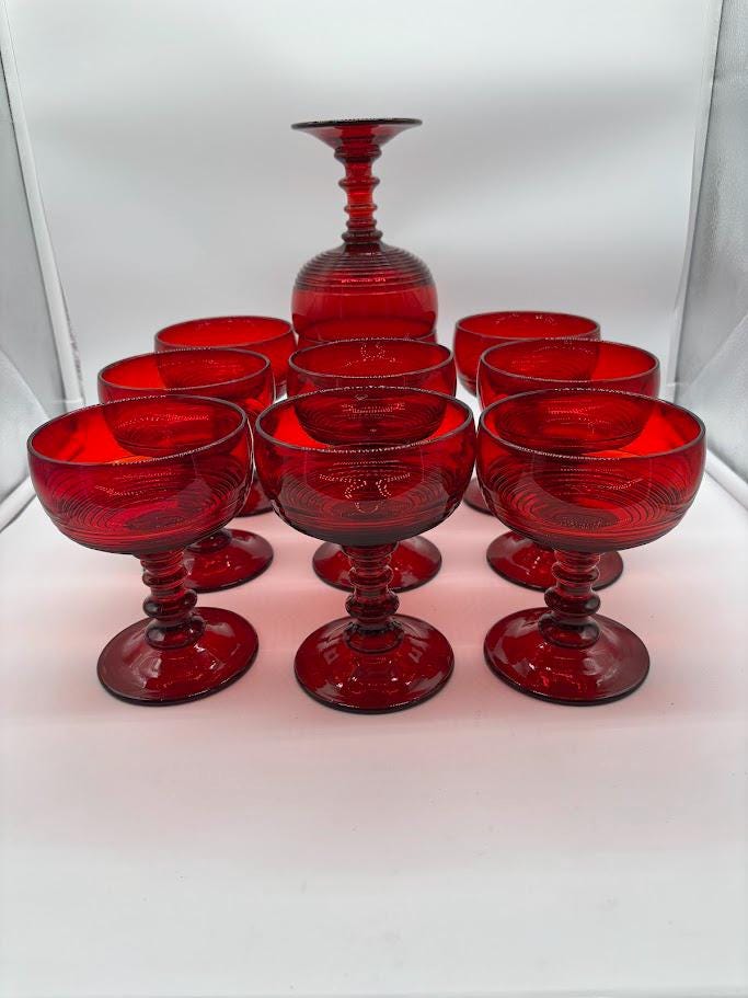 Carmen Red Cambridge Glass #1402 Tally Ho 3 Oz. Cocktail Goblets/Sherbets, c1930. Set of 10.