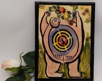 Titled &quot;Hunter and Gatherer&quot; #28 of a limited edition of 30. Vintage, handmade, glazed ceramic tile art by Pat Custer Dennison, signed.