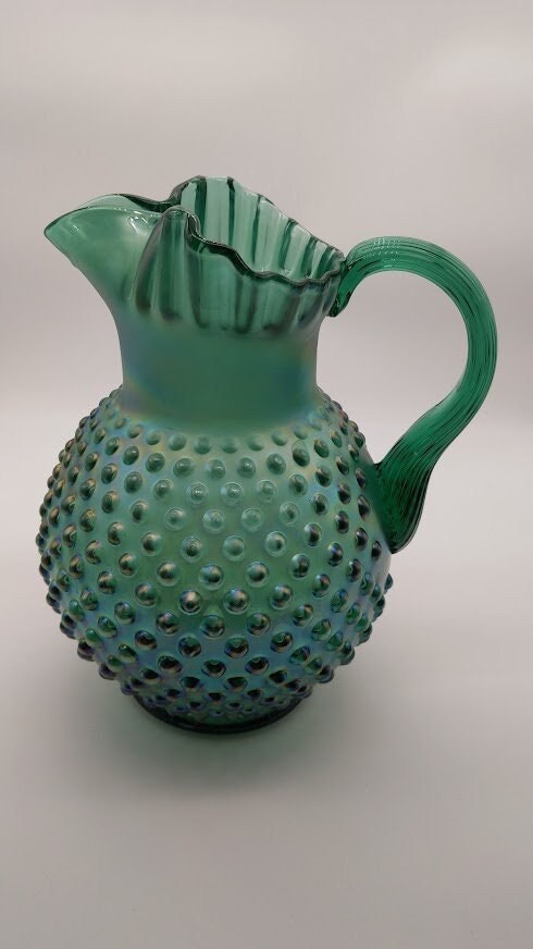 Antique Fenton Green Enameled Columbine Zig Zag Carnival Glass Water Pitcher  – Carnival Glass