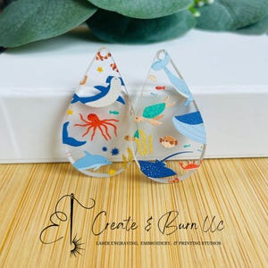 Sea Creatures Print Acrylic Earring Blanks - 4pcs DIY Pendants