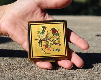 Vintage Brass Powder Box with Mirror Small Brass Box Two Parrot Photo Box