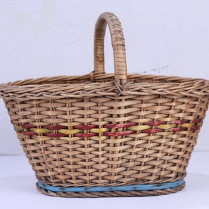 Vintage Handmade Woven Straw Basket: 1940s Picnic Bag