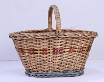 Vintage Handgemachter Geflochtener Strohkorb: 1940er Jahre Picknicktasche