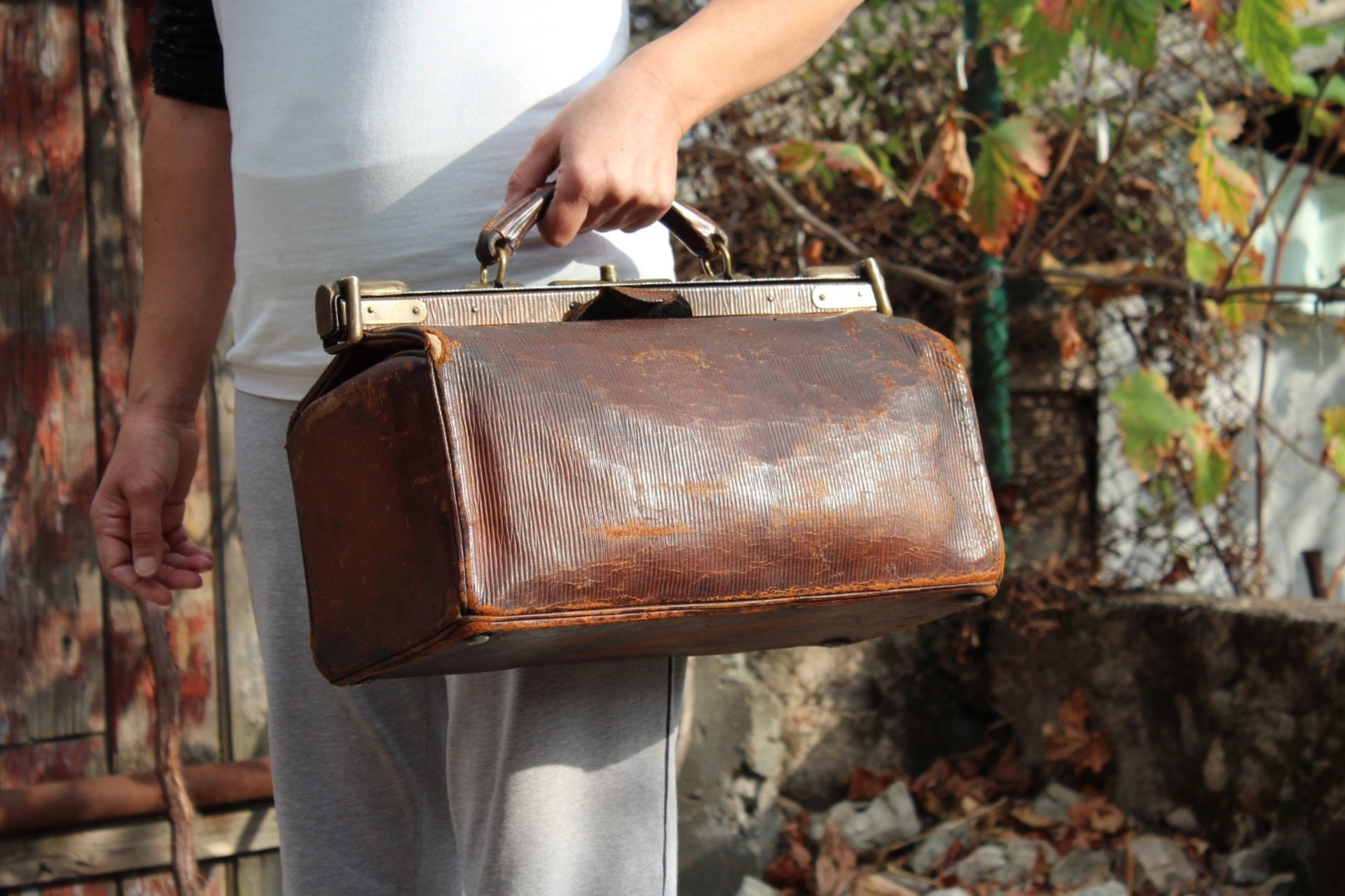 Antique Brown Leather Gladstone Doctors Bag Vintage Case, France, circa  1900s